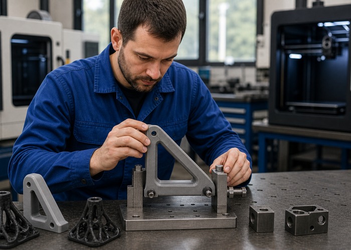 3D Printing final review scene in a modern manufacturing workshop