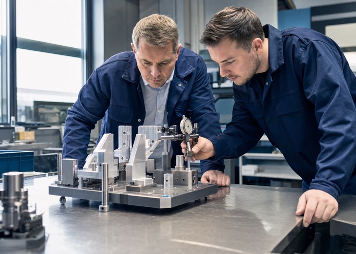 CNC Machining final review scene in a modern manufacturing workshop