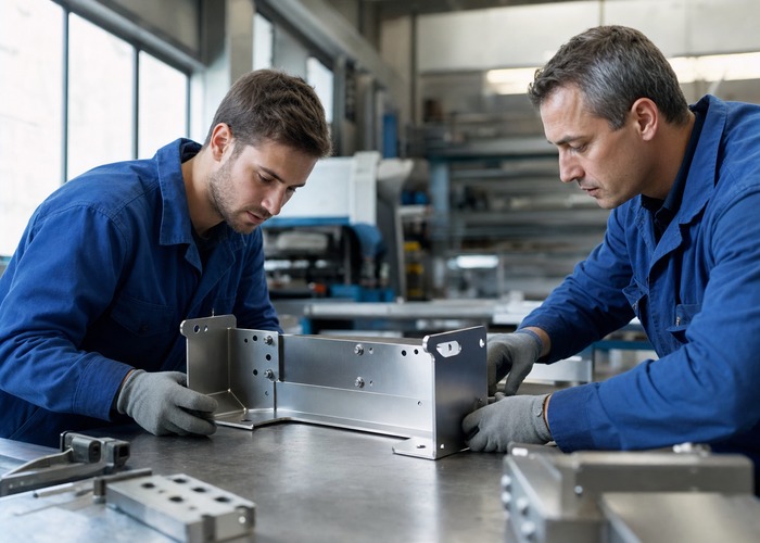 Sheet Metal Fabrication final review scene in a modern manufacturing workshop