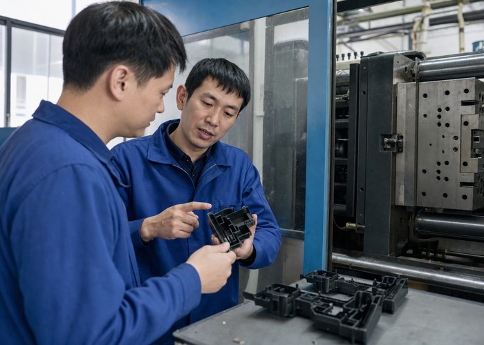 Injection Molding final review scene in a modern manufacturing workshop