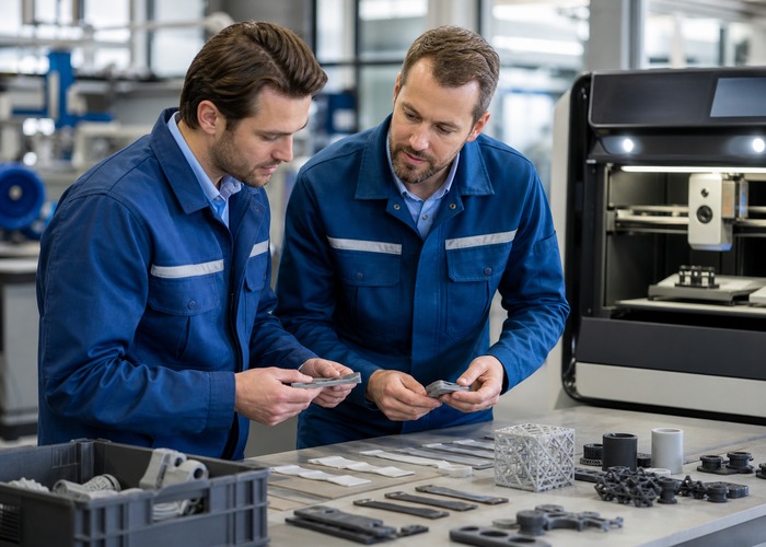 3D Printing final review scene in a modern manufacturing workshop
