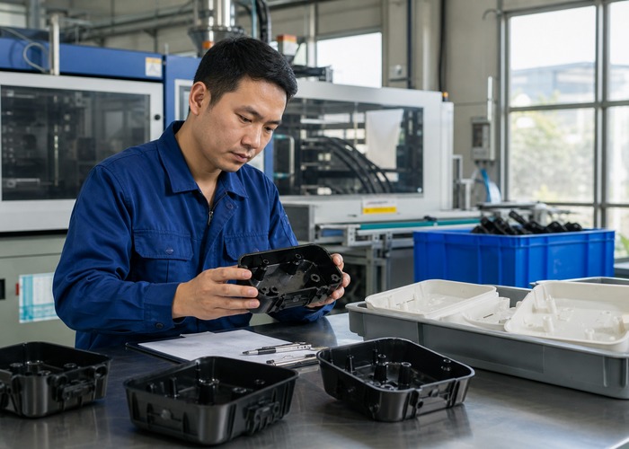 Injection Molding final review scene in a modern manufacturing workshop