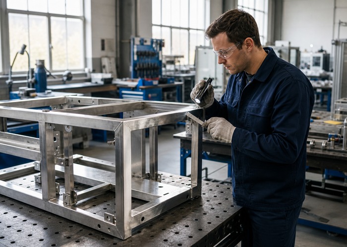 Sheet Metal Fabrication final review scene in a modern manufacturing workshop