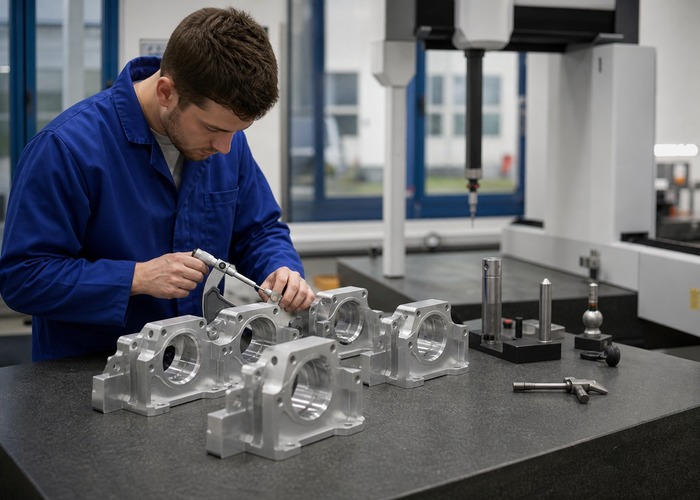 CNC Machining final review scene in a modern manufacturing workshop