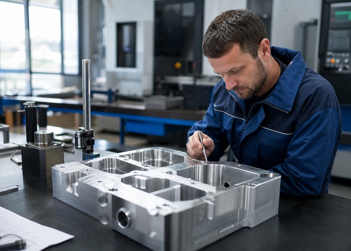 CNC Machining final review scene in a modern manufacturing workshop