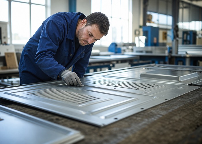 Sheet Metal Fabrication final review scene in a modern manufacturing workshop