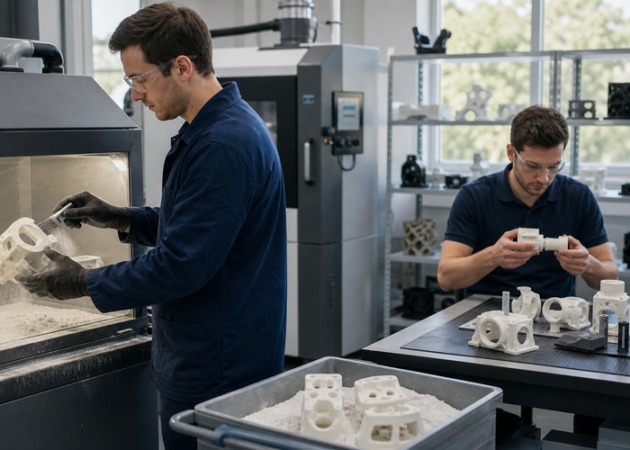3D Printing final review scene in a modern manufacturing workshop