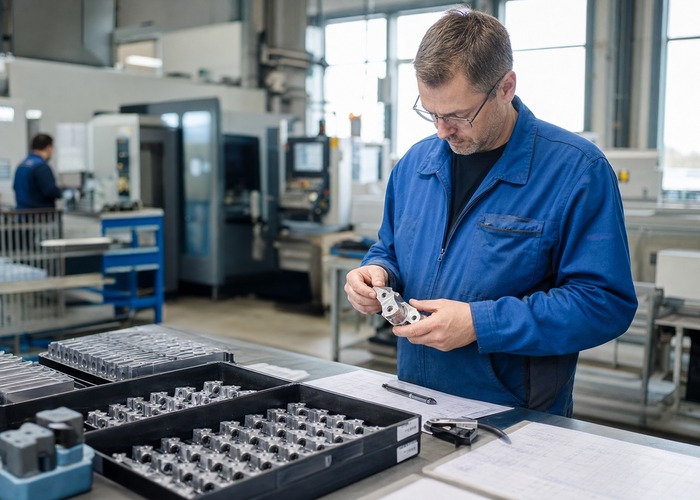 CNC Machining final review scene in a modern manufacturing workshop