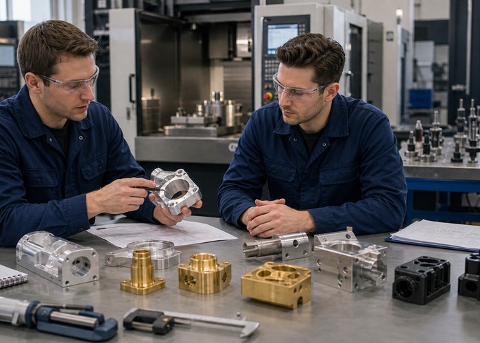 CNC Machining final review scene in a modern manufacturing workshop