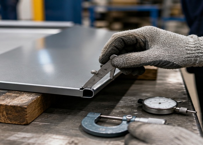 Sheet Metal Fabrication inspection detail scene in a modern manufacturing workshop