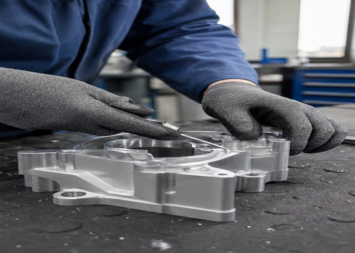 CNC Machining inspection detail scene in a modern manufacturing workshop