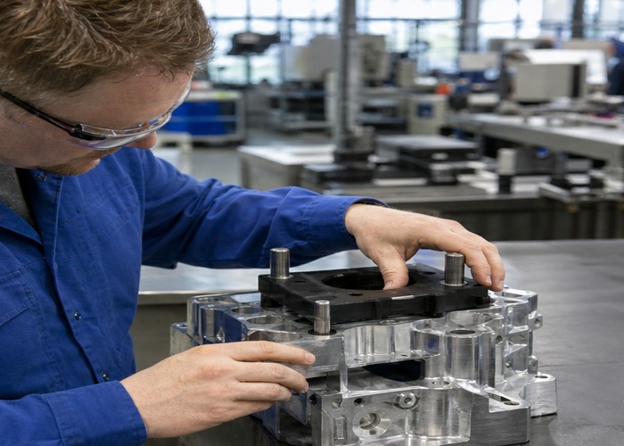 3D Printing inspection detail scene in a modern manufacturing workshop