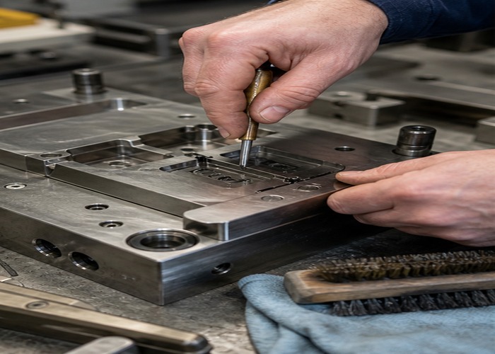 Injection Molding inspection detail scene in a modern manufacturing workshop