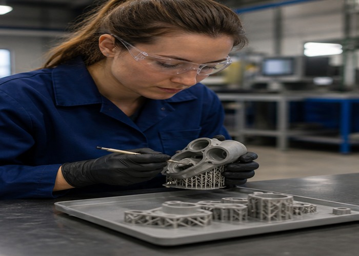 3D Printing inspection detail scene in a modern manufacturing workshop