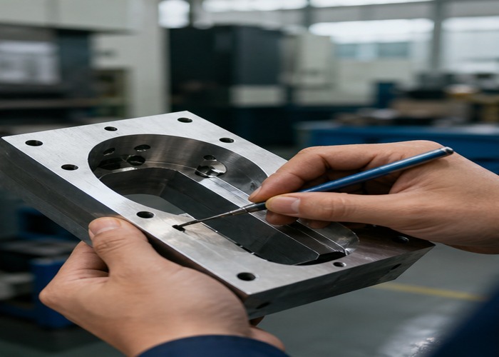 CNC Machining inspection detail scene in a modern manufacturing workshop