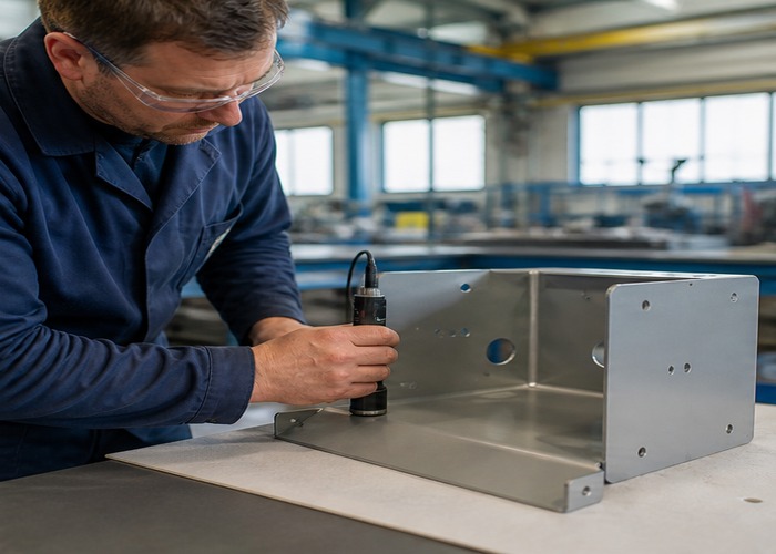 Sheet Metal Fabrication inspection detail scene in a modern manufacturing workshop