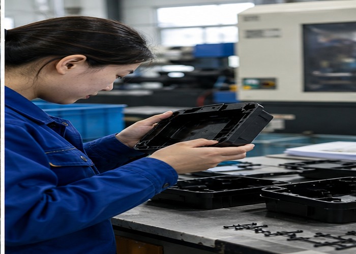 Injection Molding inspection detail scene in a modern manufacturing workshop