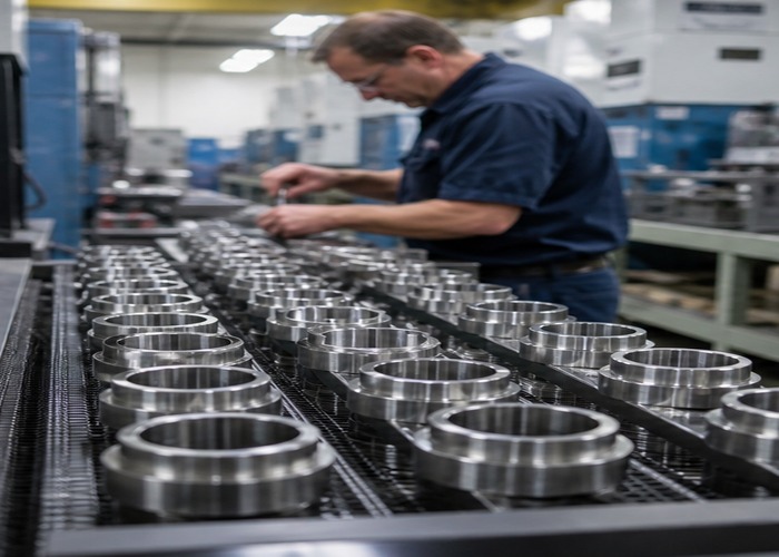 CNC Machining inspection detail scene in a modern manufacturing workshop