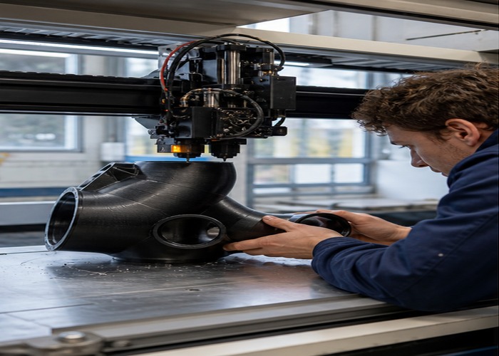 3D Printing inspection detail scene in a modern manufacturing workshop