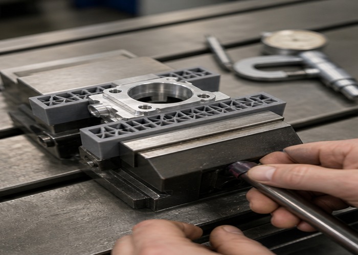 3D Printing inspection detail scene in a modern manufacturing workshop