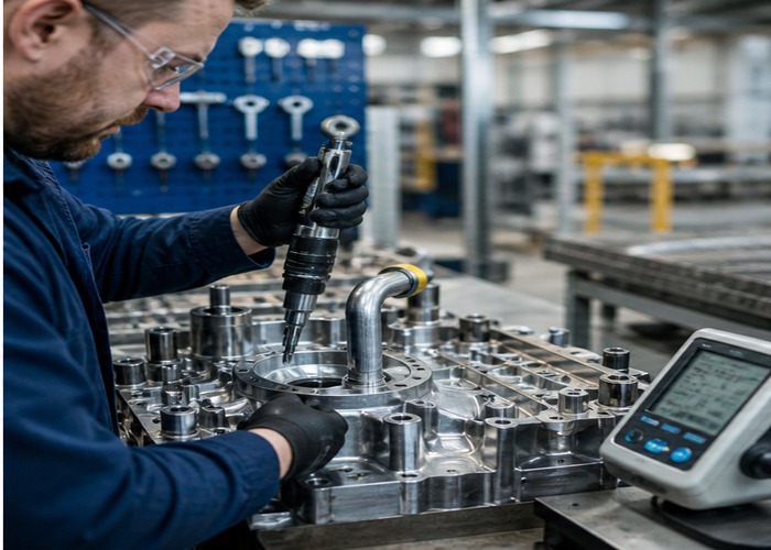 Assembly inspection detail scene in a modern manufacturing workshop