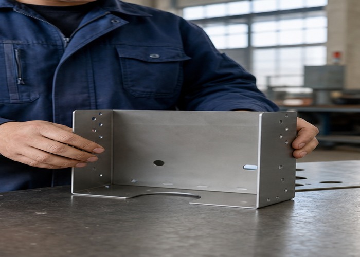 Sheet Metal Fabrication inspection detail scene in a modern manufacturing workshop