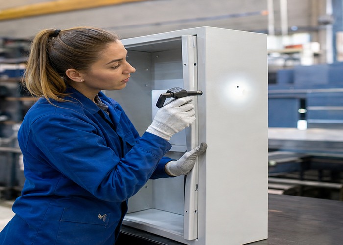 Sheet Metal Fabrication inspection detail scene in a modern manufacturing workshop