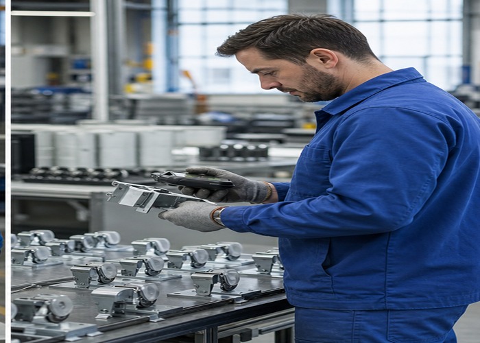 Assembly final review scene in a modern manufacturing workshop