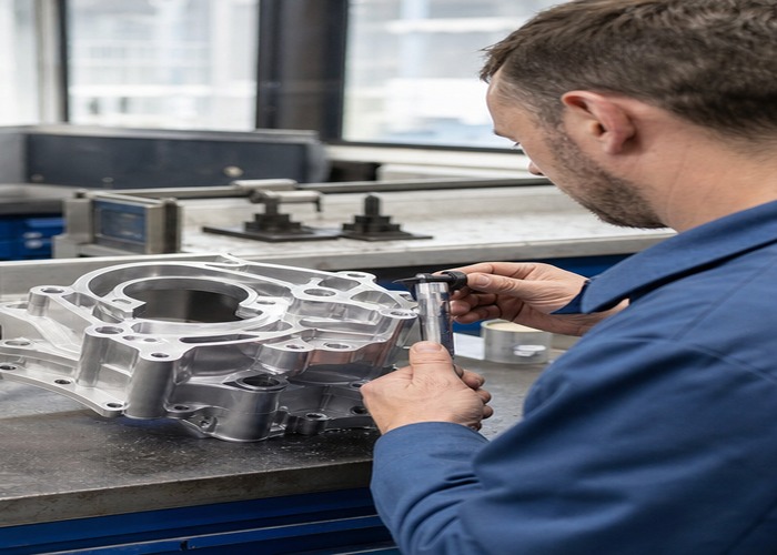 CNC Machining final review scene in a modern manufacturing workshop