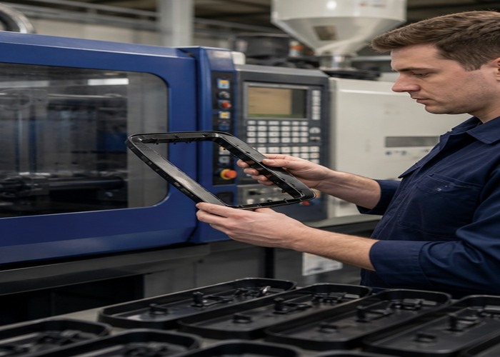 Injection Molding final review scene in a modern manufacturing workshop