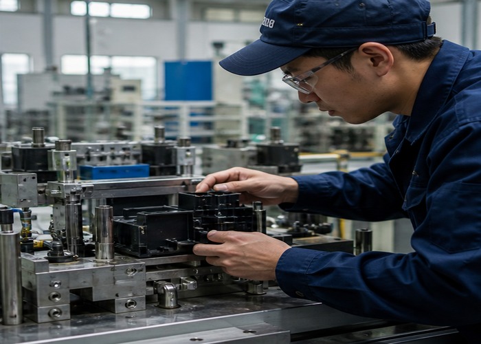 Injection Molding final review scene in a modern manufacturing workshop