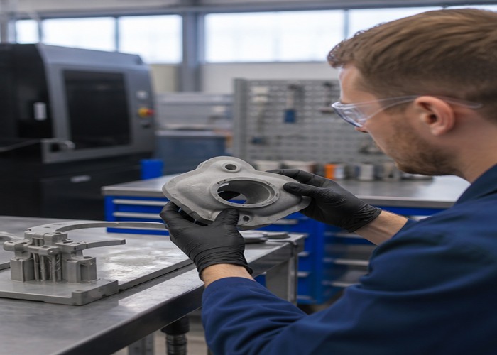 3D Printing final review scene in a modern manufacturing workshop