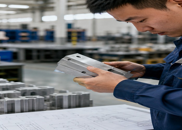 CNC Machining final review scene in a modern manufacturing workshop