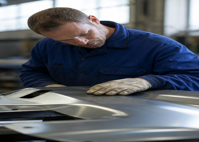 Sheet Metal Fabrication final review scene in a modern manufacturing workshop