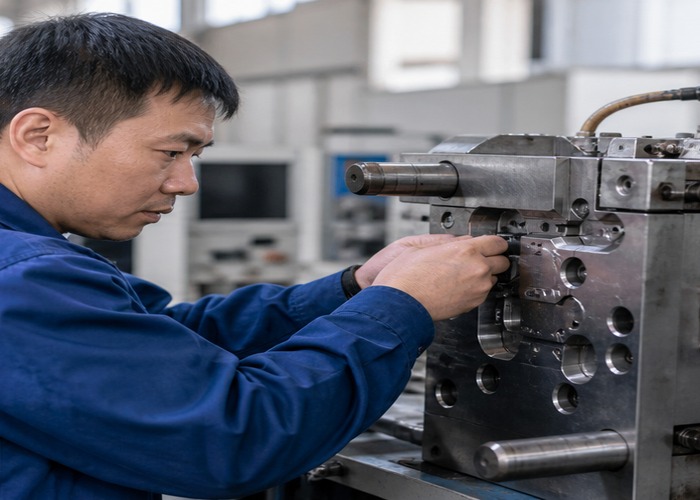 Injection Molding final review scene in a modern manufacturing workshop