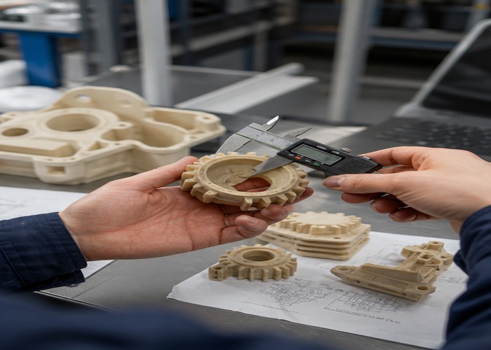3D Printing final review scene in a modern manufacturing workshop