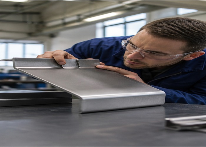 Sheet Metal Fabrication final review scene in a modern manufacturing workshop