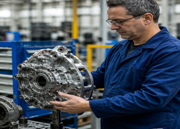 Assembly final review scene in a modern manufacturing workshop