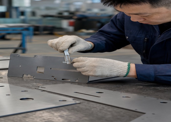 Sheet Metal Fabrication final review scene in a modern manufacturing workshop