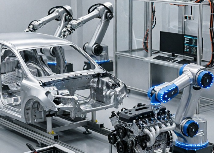 Assembly final review scene in a modern manufacturing workshop