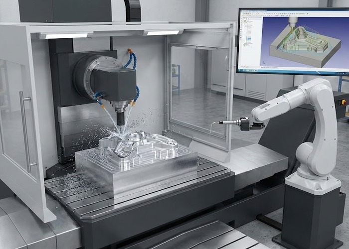CNC Machining final review scene in a modern manufacturing workshop