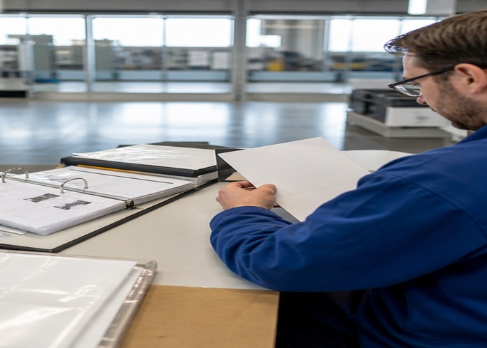 Assembly final review scene in a modern manufacturing workshop