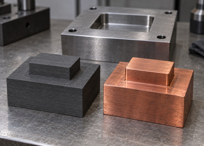 Graphite and copper electrode samples beside a steel mold insert