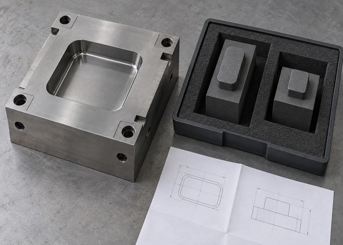Steel cavity insert beside stored graphite electrodes and a drawing