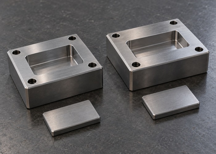 Two steel cavity inserts displayed with separate flat witness coupons