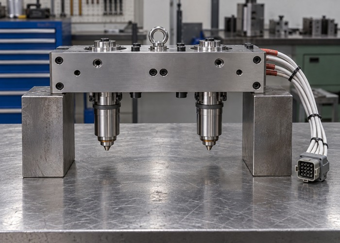Inactive hot runner manifold supported on blocks with nozzle tips clear of the bench