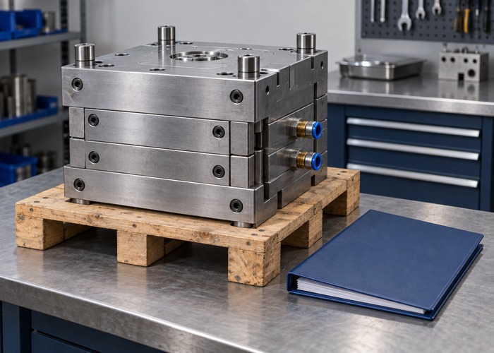 Illustrative steel mold assembly on a wooden support beside a blue document folder