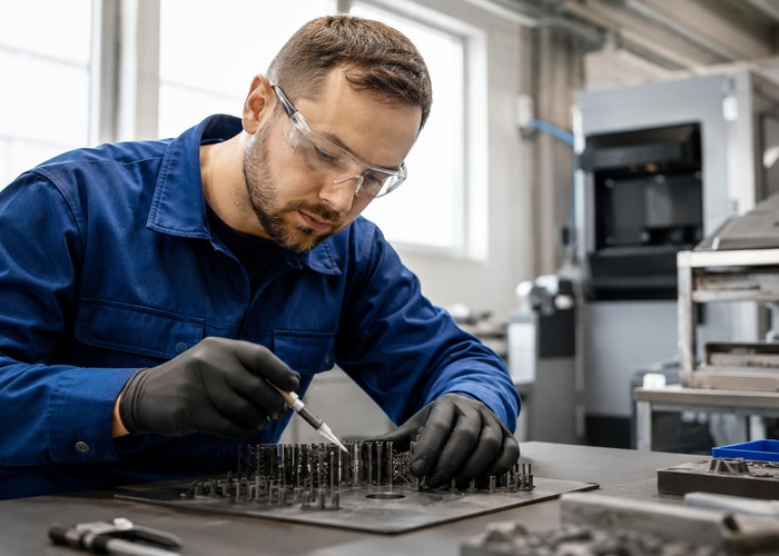 3D Printing inspection detail scene in a modern manufacturing workshop