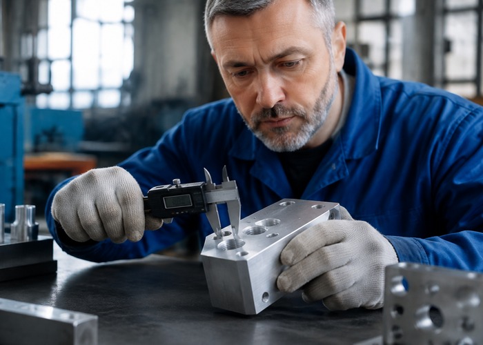 CNC Machining inspection detail scene in a modern manufacturing workshop