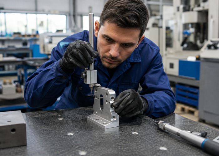 Sheet Metal Fabrication inspection detail scene in a modern manufacturing workshop